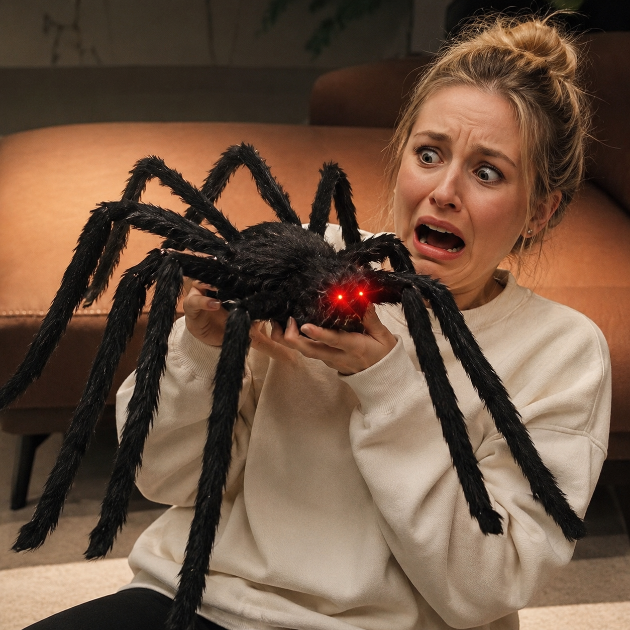 Simulated plush spider - Halloween decoration prop prank at party