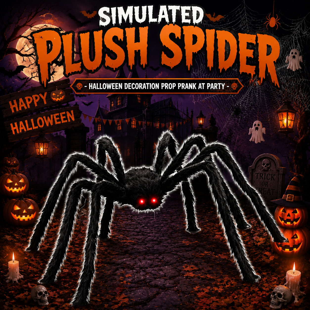Simulated plush spider - Halloween decoration prop prank at party